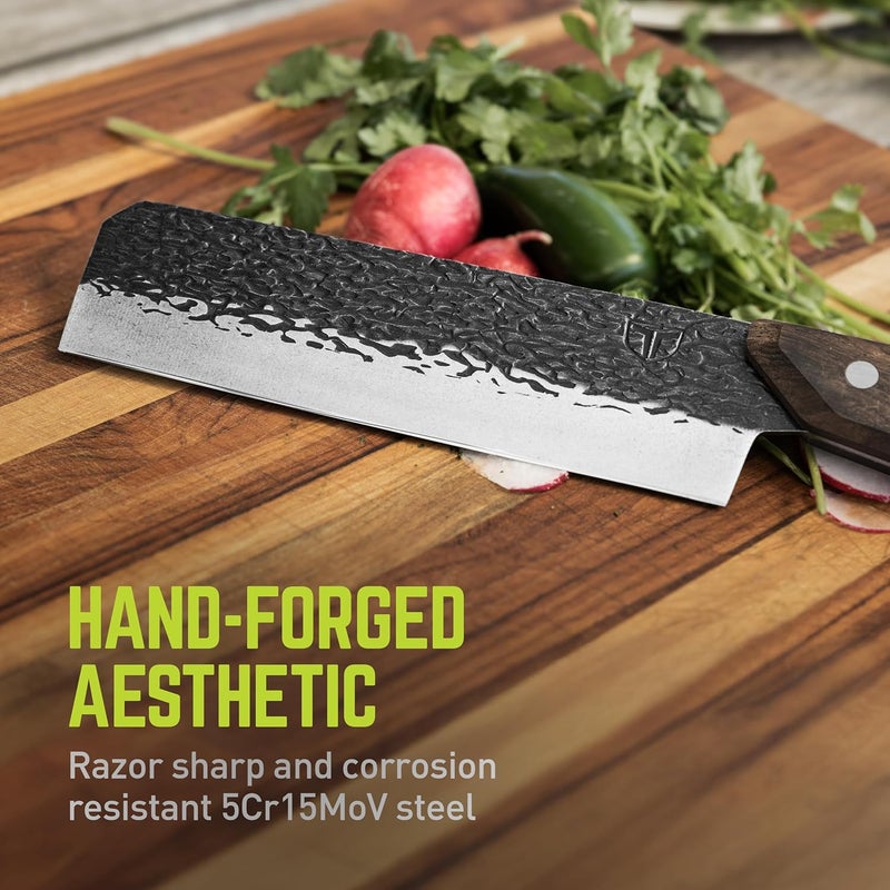 True PrimalForge Nakiri Knife | Precision Cutting, Vegetable Cutlery, Home & Professional Knife, Rugged Stonewash Finish, Sharp 5Cr15MoV Stainless-Steel, Wood Handle, Hand Forged Appearance - Image 5